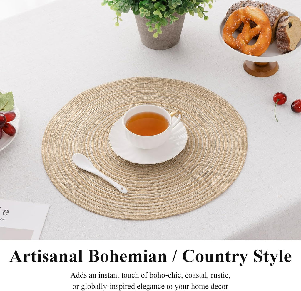 SHACOS Round Braided Placemats Set of 4 Washable Place Mats for Dining Tables 15 inch Non Slip Kitchen Table Mats (Beige, 4)