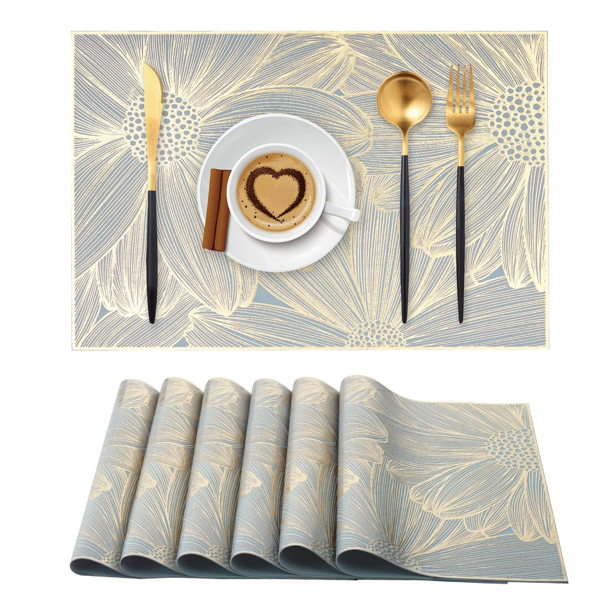 Gold Rectangle Placemats Set of 6 Daisy Vinyl Place Mats for Dining Tables