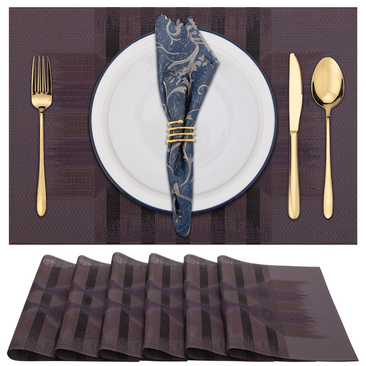 Winknowl Placemats Set of 8, Heat Resistant Non-Slip Vinyl Woven Table Mats for Dining Table, Washable Durable Elegant Place Mats for Kitchen Indoor/Outdoor Use (Beige Blue)