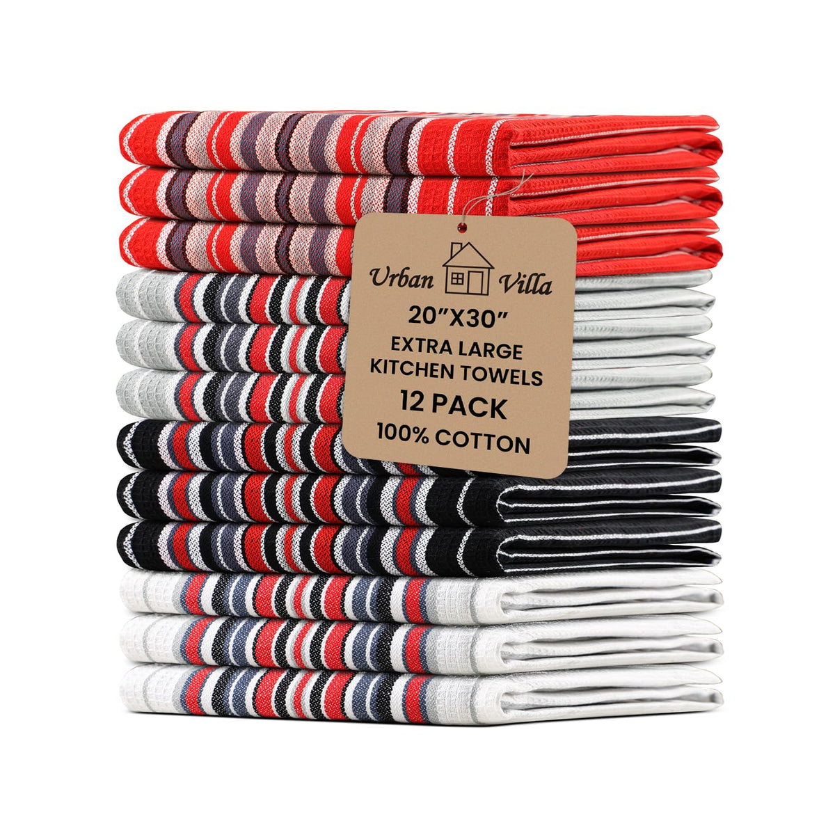 Urban Villa Kitchen Towels Cotton Dish Towels 12”x12” (Set of 8) Grey White