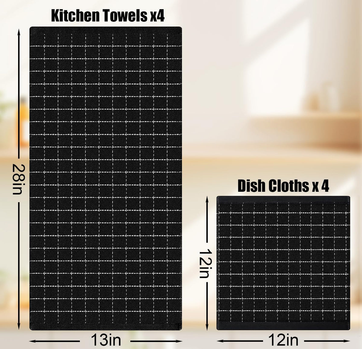 Homaxy Cotton Terry Kitchen Towels and Dishcloths Set of 8, Black