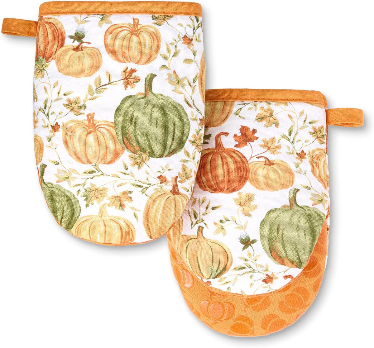 MARTHA STEWART Autumn Harvest Pumpkins Mini Oven Mitt 2-Pack Set, 100% Cotton with Decorative Non-Slip Silicone Grip, Heat Resistant, Orange/Green/Ivory, 5.5"X8"
