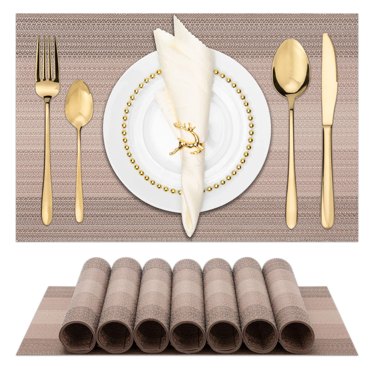 Winknowl Placemats Set of 8, Heat Resistant Non-Slip Vinyl Woven Table Mats for Dining Table, Washable Durable Elegant Place Mats for Kitchen Indoor/Outdoor Use (Beige Blue)