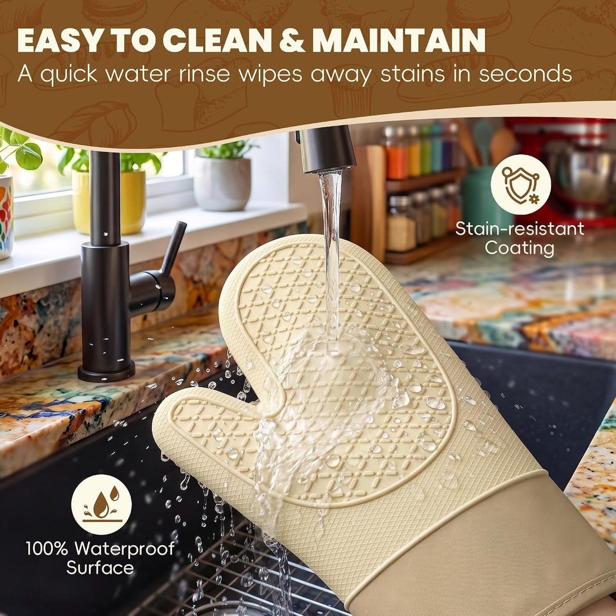 Silicone Oven Mitts,Heat Resistant, Oven Gloves with Soft Lining,Universal Fit Heat Resistant Kitchen Gloves for Baking, BBQ, Cooking and Grilling (Khaki)