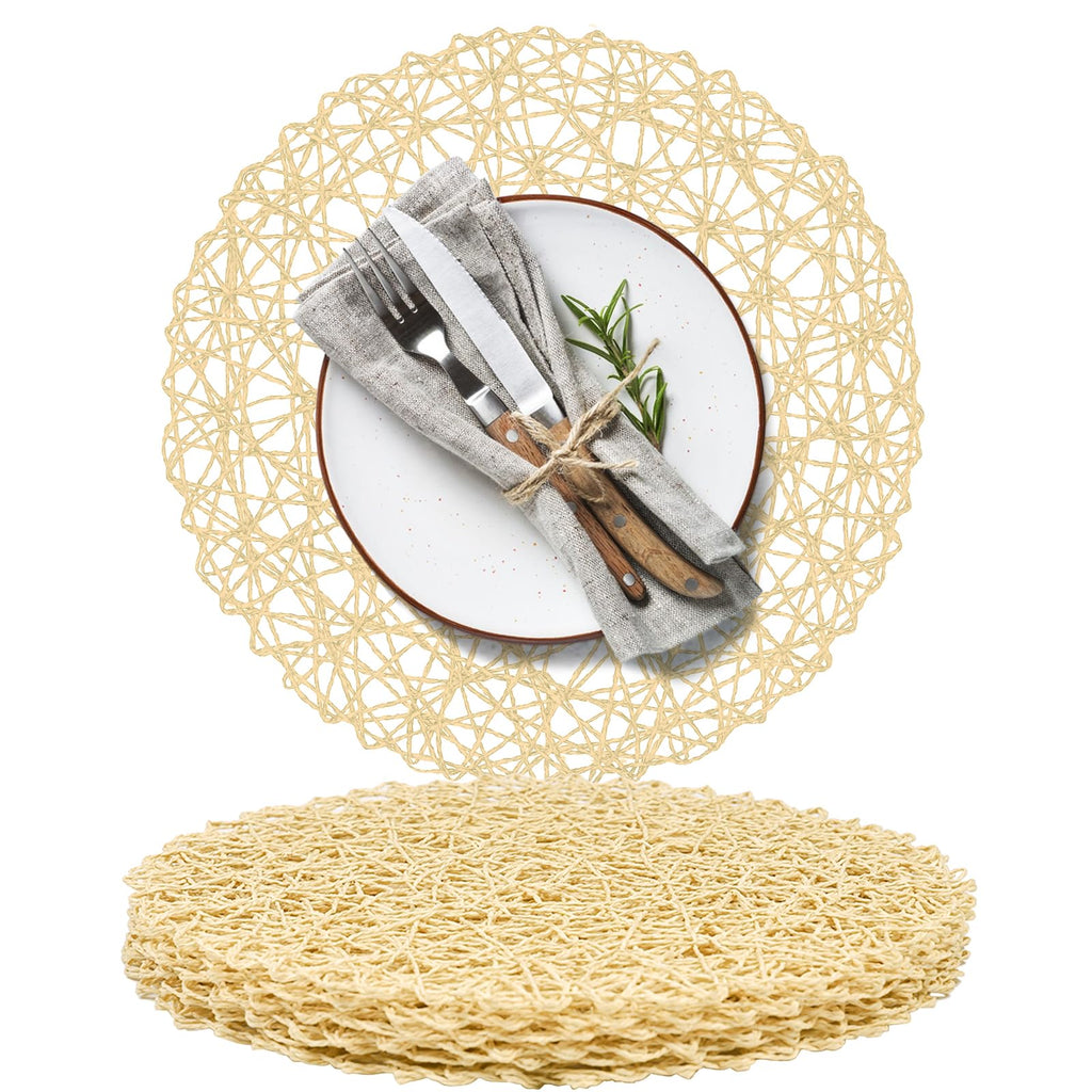 AHHFSMEI Paper Braided Round Placemats Set of 8 Natural Non-Slip Heat Resistant Table Mats for Dining Tables Woven Indoor & Outdoor Place mats(Coffee,8)