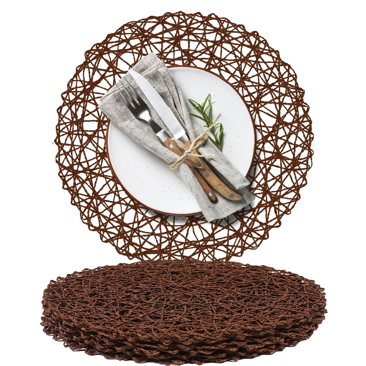 AHHFSMEI Paper Braided Round Placemats Set of 8 Natural Non-Slip Heat Resistant Table Mats for Dining Tables Woven Indoor & Outdoor Place mats(Coffee,8)