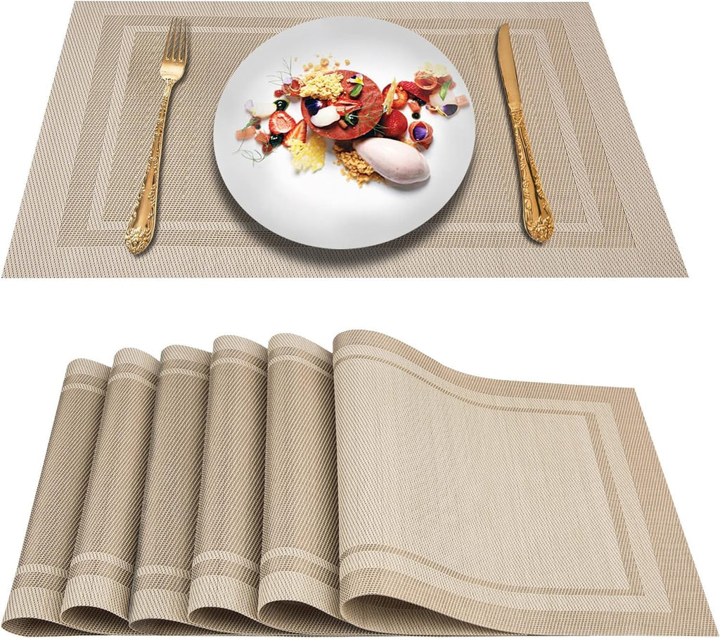 DACHUI Placemats Set of 6, Linen Look Woven Place Mats (Beige)