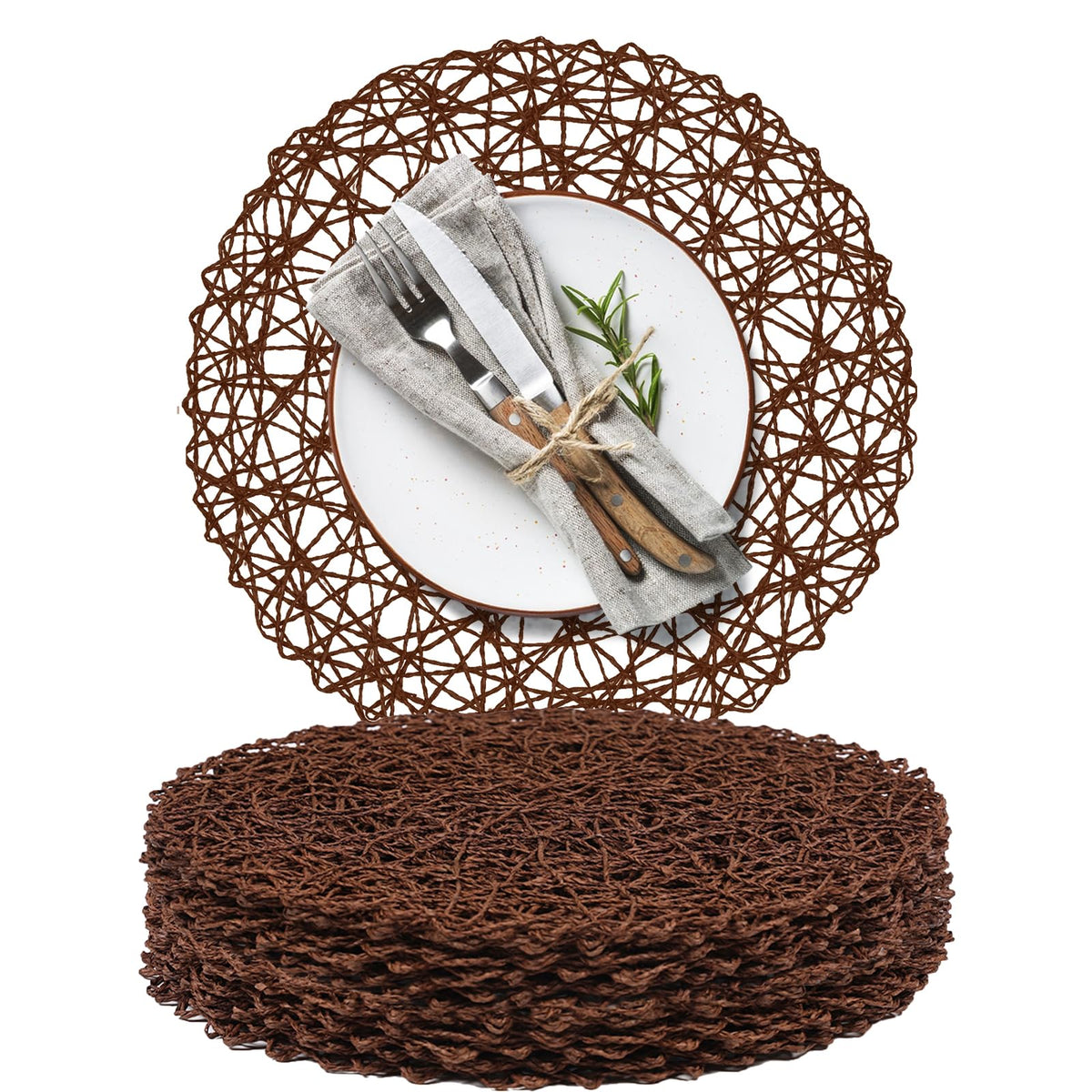 AHHFSMEI Paper Braided Round Placemats Set of 8 Natural Non-Slip Heat Resistant Table Mats for Dining Tables Woven Indoor & Outdoor Place mats(Coffee,8)