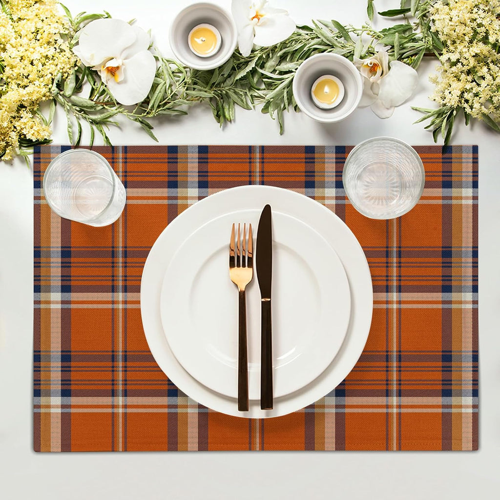 Fall Plaid Placemats Set of 4 Orange Navy Blue Buffalo Plaid Thanksgiving Themed Table Mats Farmhouse Place Mats Washable Linen Placemat for Party Kitchen Dining Decor 12x18 Inch