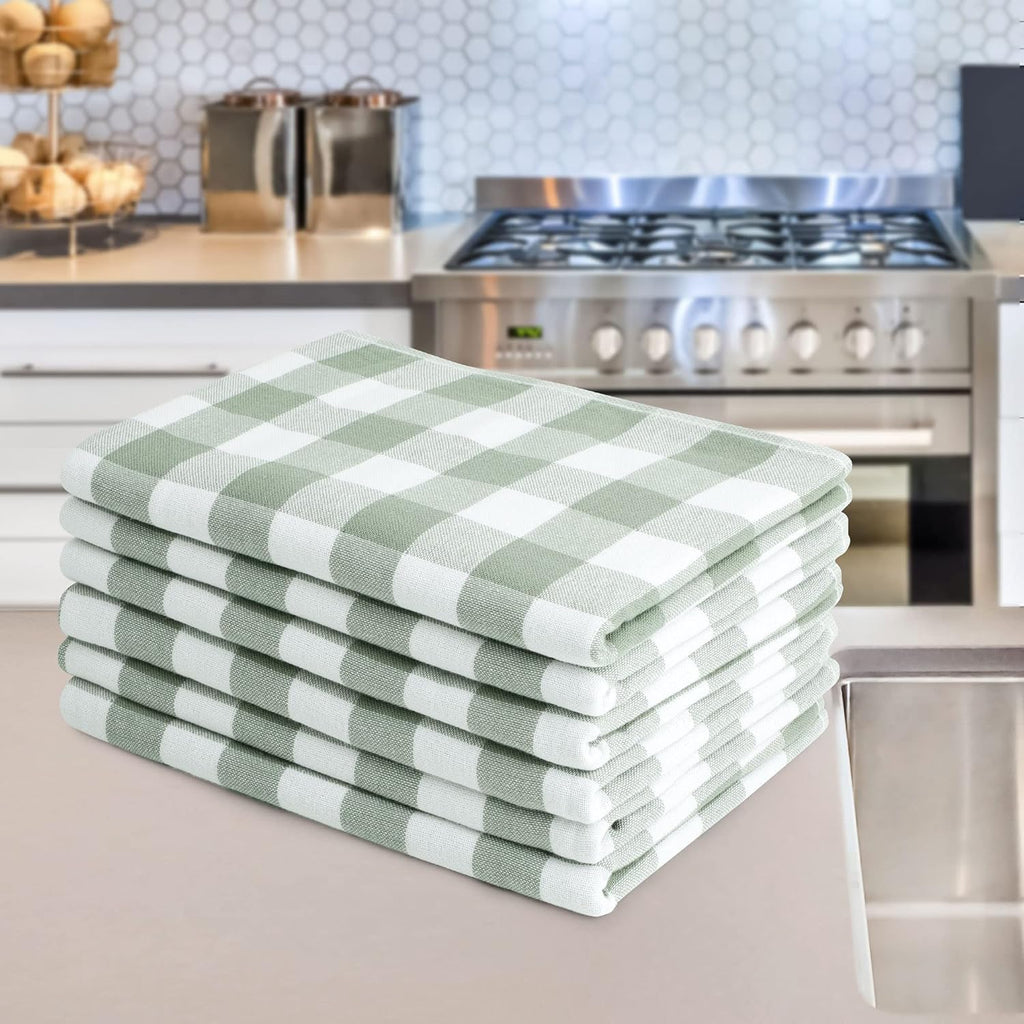 PiccoCasa 100% Cotton Drying Dish Towels Set of 6, Plaid 13x29 Green White