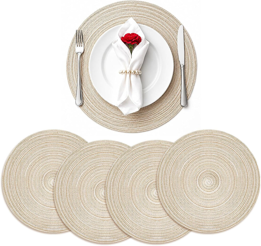 TaroKitc Round Placemats Set of 4, 15 inch, Beige, Cotton Polyester