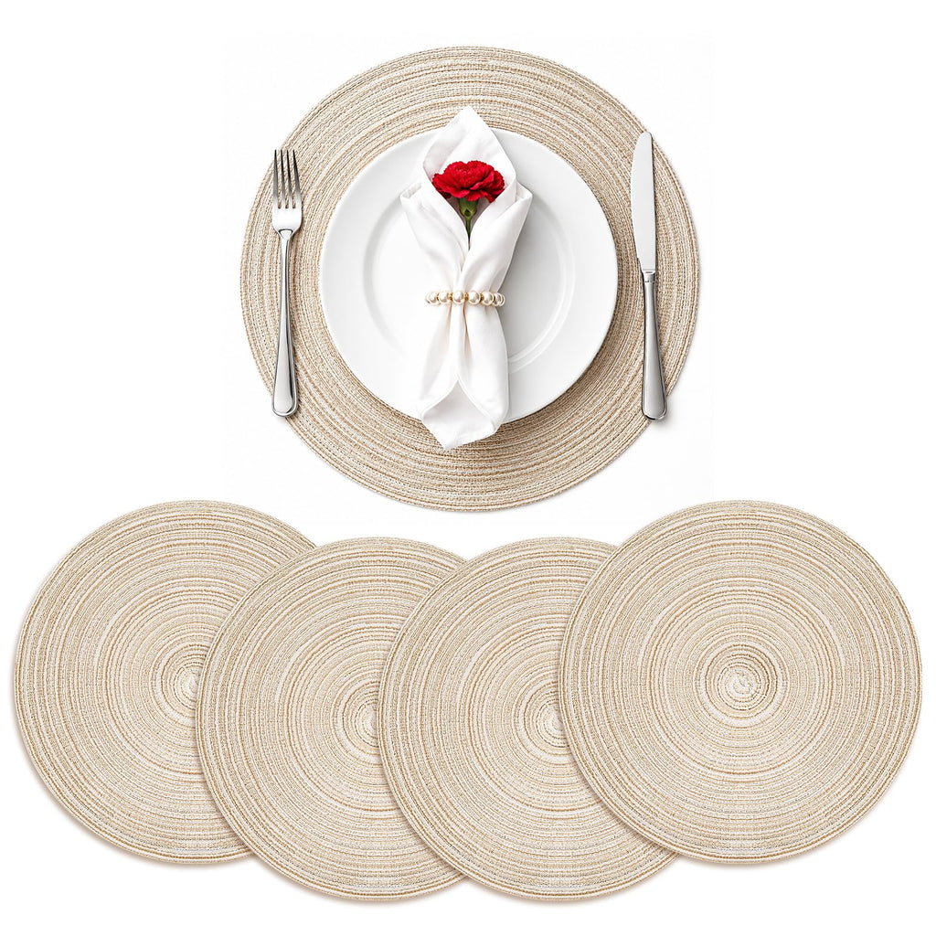 TaroKitc Round Placemats Set of 4, 15 inch, Beige, Cotton Polyester
