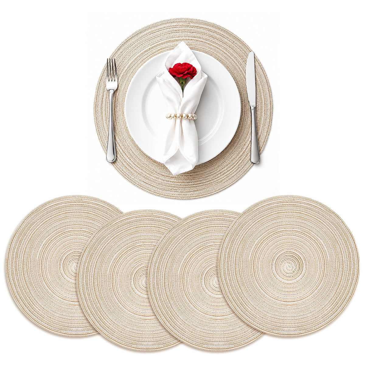 TaroKitc Round Placemats Set of 4, 15 inch, Beige, Cotton Polyester