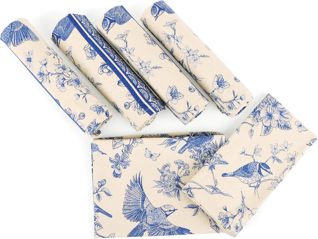 FINGERCRAFT Kitchen Towels 100% Cotton Set of 6 Tea Towel, Toile Blue