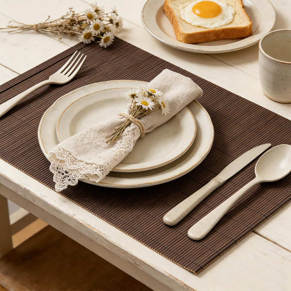 4-Pack Bamboo Placemats,Woven Heat-Resistant Rectangular Table Mats,Natural Dining Place Mats,Rustic Japanese Style Wood Mats for Indoor Dining,Kitchen and Party Use, Coffee
