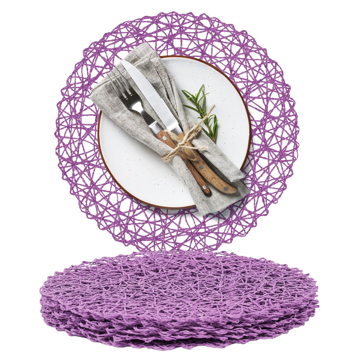 AHHFSMEI Paper Braided Round Placemats Set of 8 Natural Non-Slip Heat Resistant Table Mats for Dining Tables Woven Indoor & Outdoor Place mats(Coffee,8)