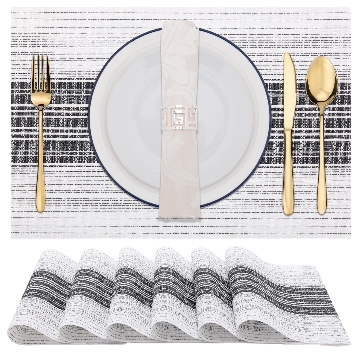 Winknowl Placemats Set of 8, Heat Resistant Non-Slip Vinyl Woven Table Mats for Dining Table, Washable Durable Elegant Place Mats for Kitchen Indoor/Outdoor Use (Beige Blue)