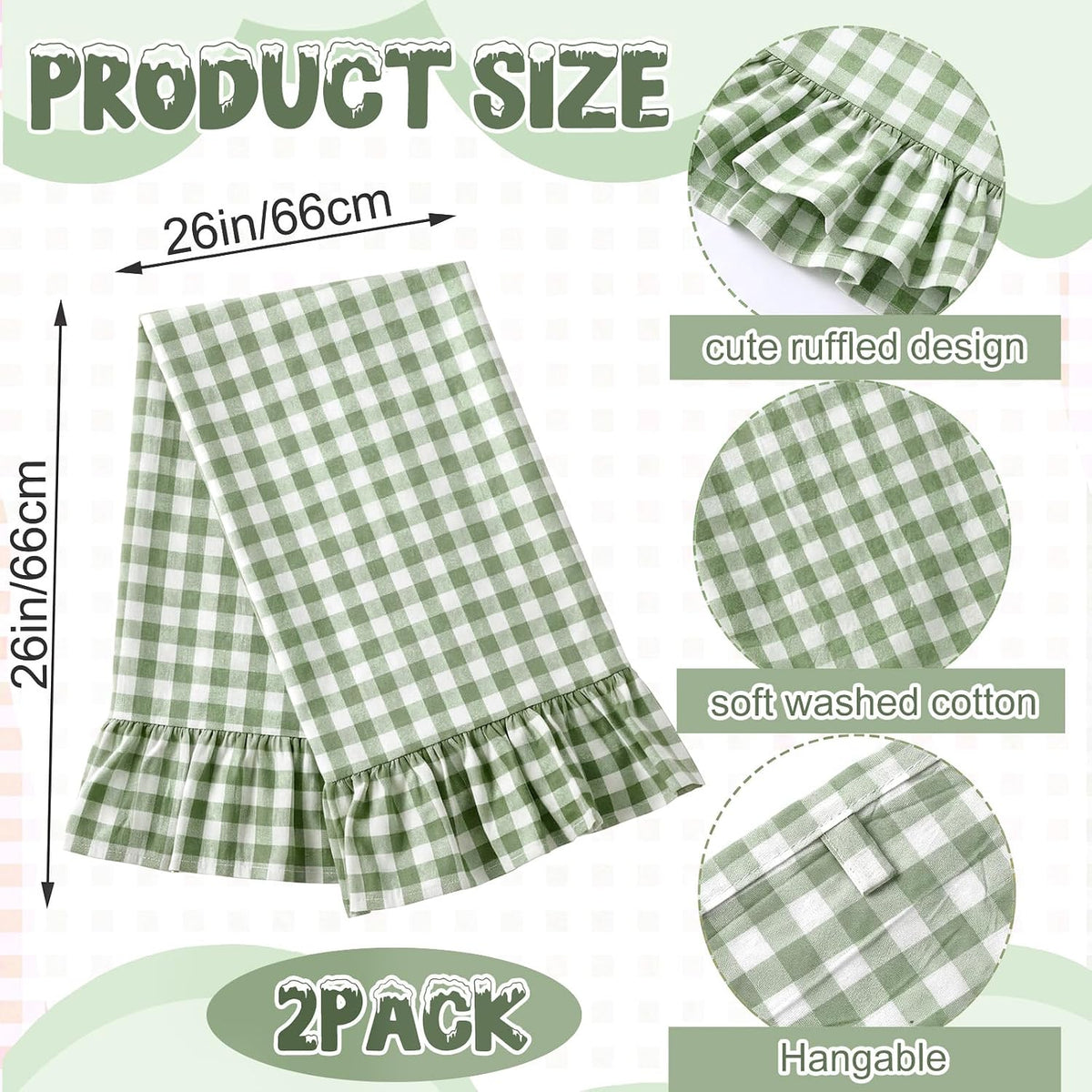 HunnmingRe 2 Pcs Green Gingham Kitchen Towels Cotton Ruffled