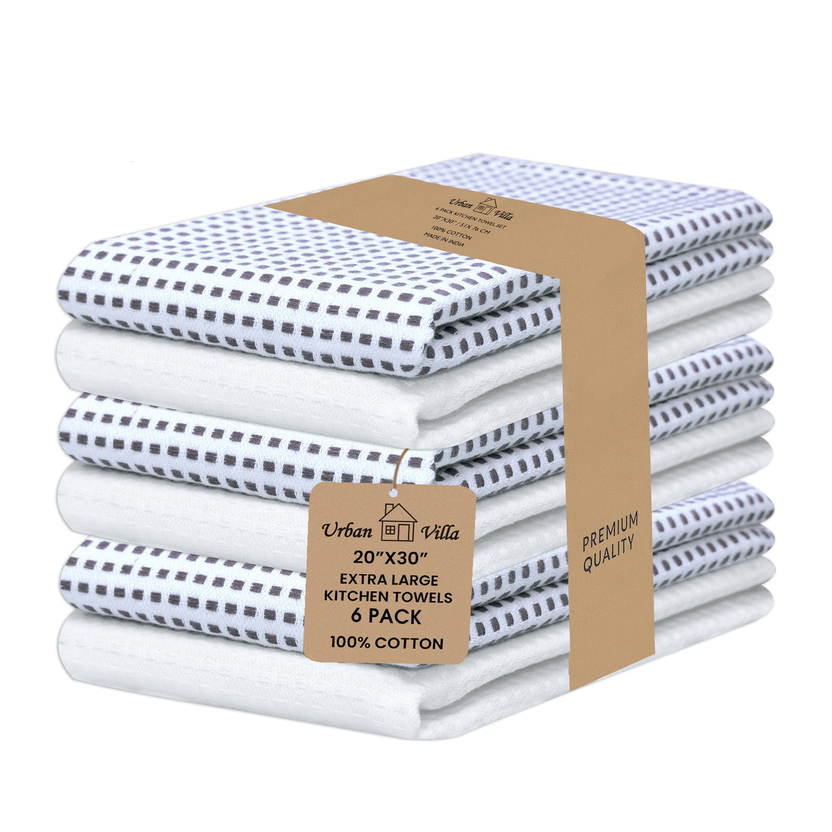 Urban Villa Kitchen Towels Cotton Dish Towels 12”x12” (Set of 8) Grey White