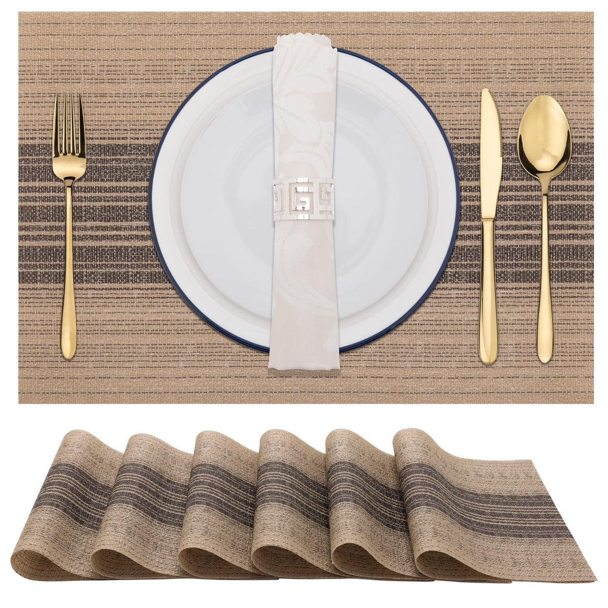 Winknowl Placemats Set of 8, Heat Resistant Non-Slip Vinyl Woven Table Mats for Dining Table, Washable Durable Elegant Place Mats for Kitchen Indoor/Outdoor Use (Beige Blue)