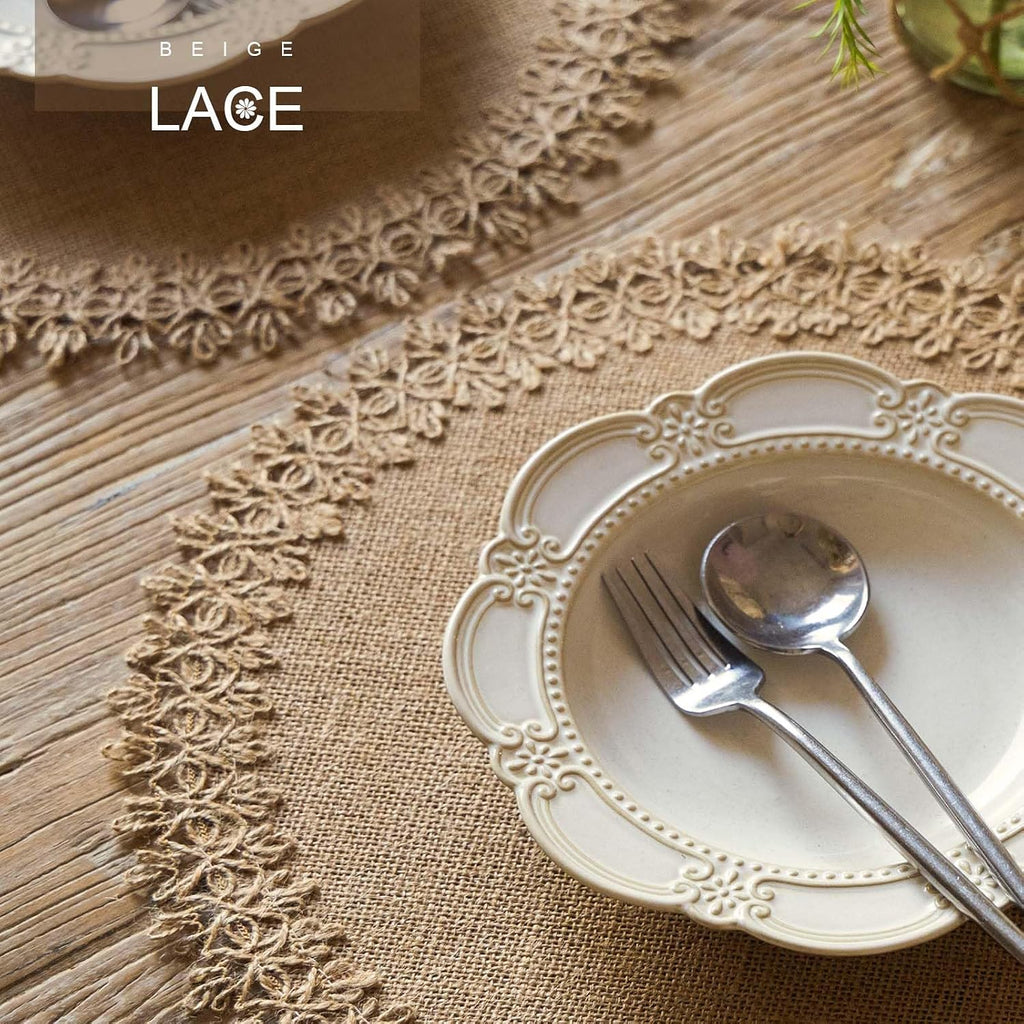 FunWheat Burlap Round Braided Placemats Set of 12 for Dining Tables 15 Inch Heat Resistant Jute Table Mats Farmhouse Woven Fabric Natural Place mats (Brown Jute Lace)