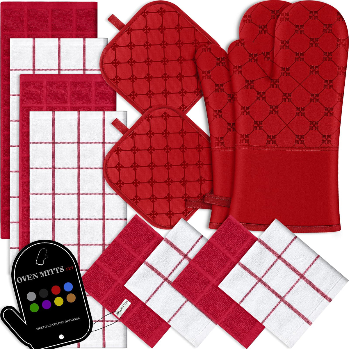 Oven Mitts Kitchen Towels Dishcloths with Pot Holders Sets 12PCS, Dish Towels Sets, Oven Gloves Pot Pads Heat Resistant 500 Degrees with Non-Slip Silicone Surface for Cooking Baking Grilling-Grey