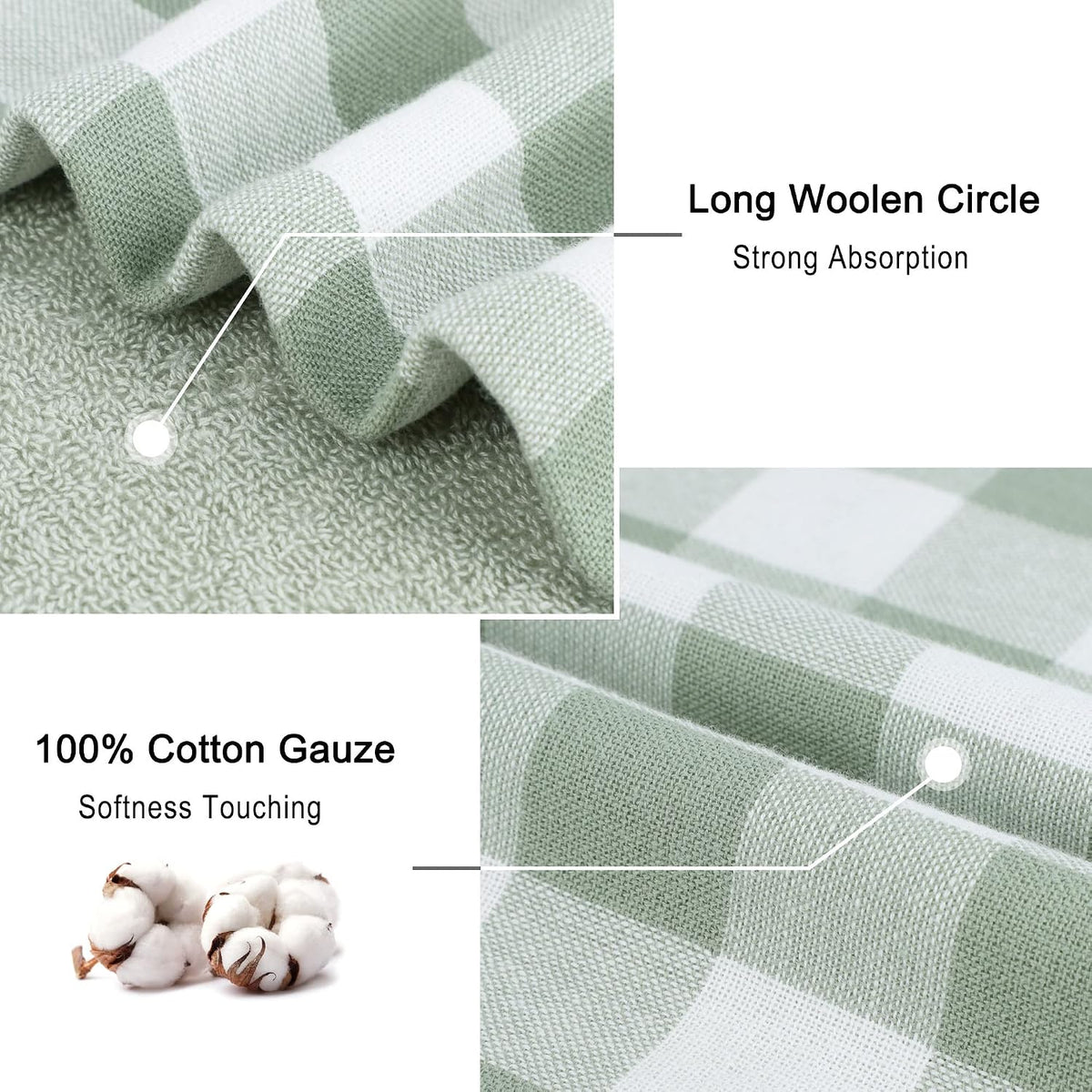 PiccoCasa 100% Cotton Drying Dish Towels Set of 6, Plaid 13x29 Green White