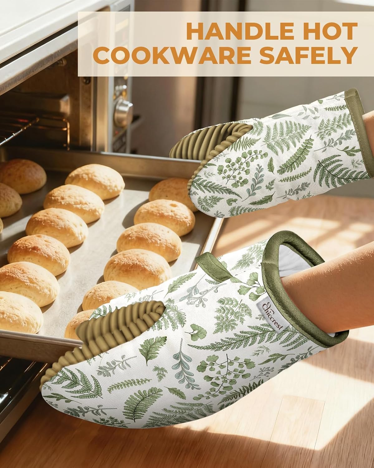 100% Thick Cotton Oven Mitts Ribbed Soft Silicone Natural Leaf