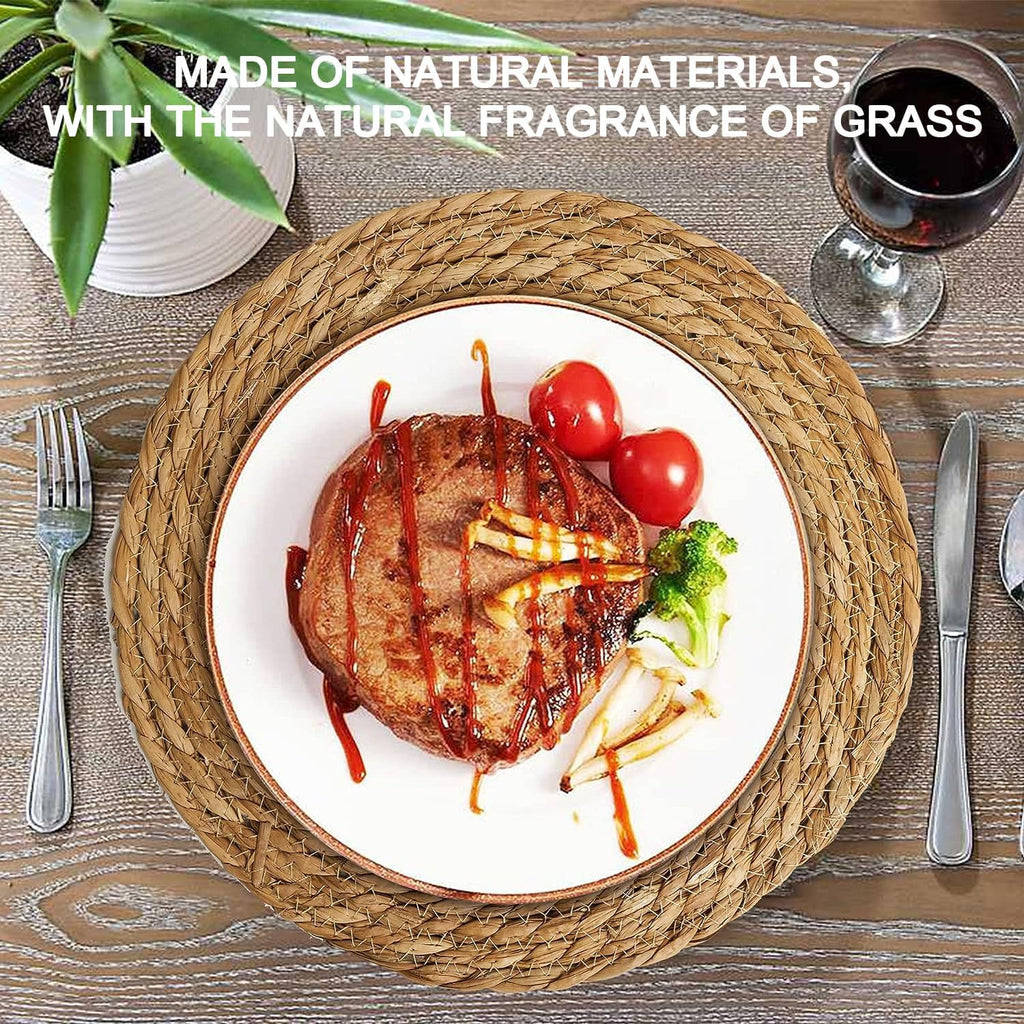 Defined Deco Woven Placemats Set of 4,12" Round Rattan Placemats,Natural Hand-Woven Water Hyacinth Placemats,Farmhouse Weave Place Mats,Rustic Braided Wicker Table Mats for Dining Table,Home,Wedding.