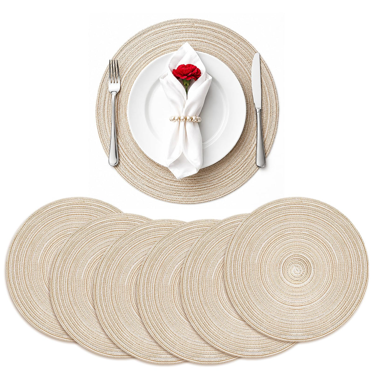 TaroKitc Round Placemats Set of 4, 15 inch, Beige, Cotton Polyester