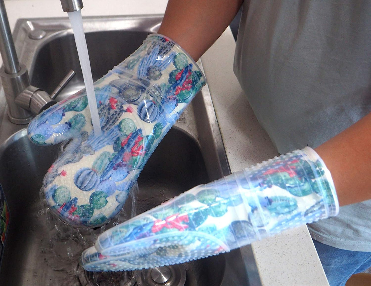 Oven Mitts with Transparent Clear Silicone Shell and Nice Cacturs Flower Printing