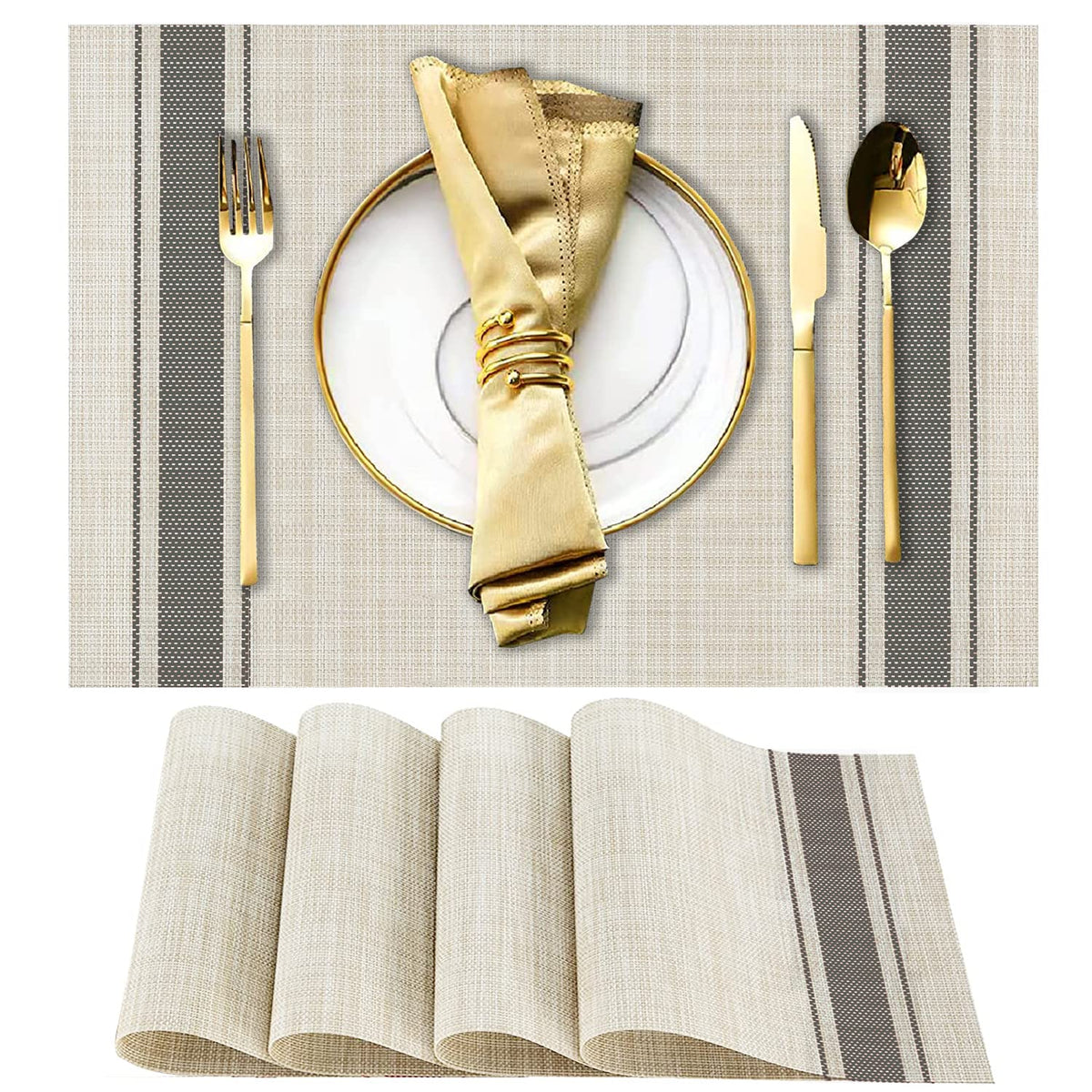 DACHUI Placemats Set of 6, Linen Look Woven Place Mats (Beige)