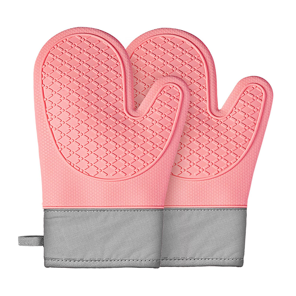 Silicone Oven Mitts (2 PCS), Waterproof Non Slip Grip Oven Gloves with Thick Soft Cotton Lining, Universal Fit Heat Resistant Kitchen Gloves for Baking, BBQ, Cooking and Grilling - White