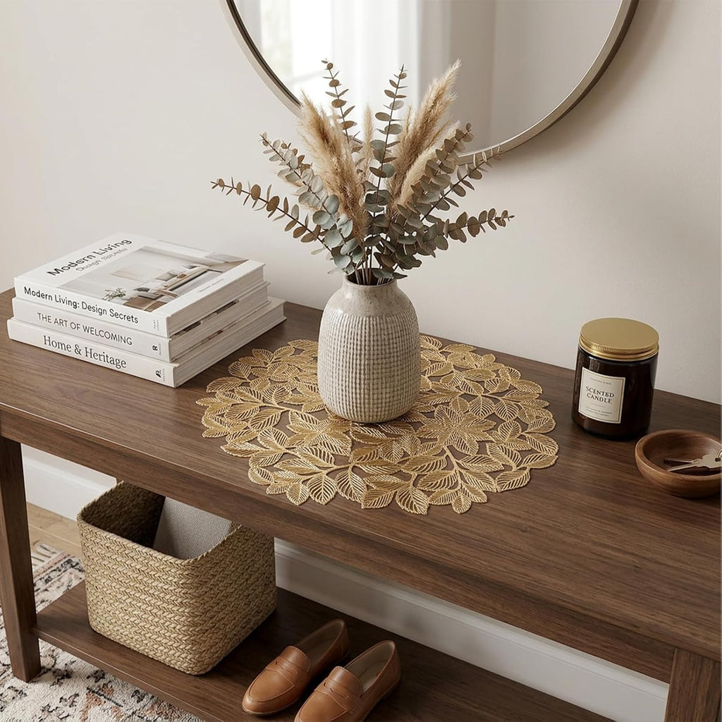 Gold Leaf Placemats Set of 8 Metallic Round Table Placemats