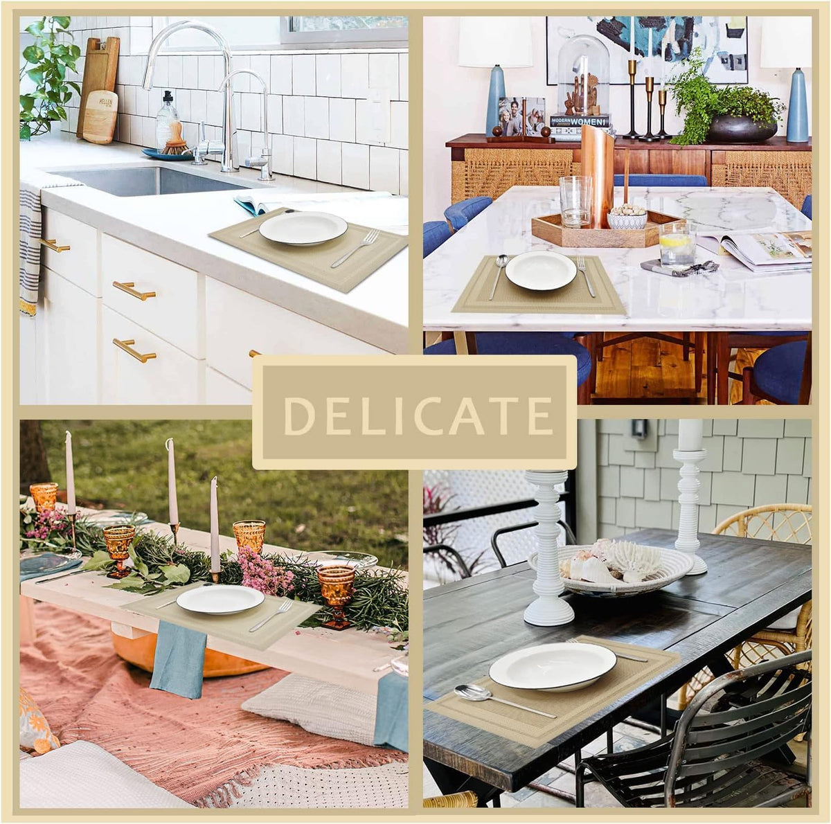 DACHUI Placemats Set of 6, Linen Look Woven Place Mats (Beige)
