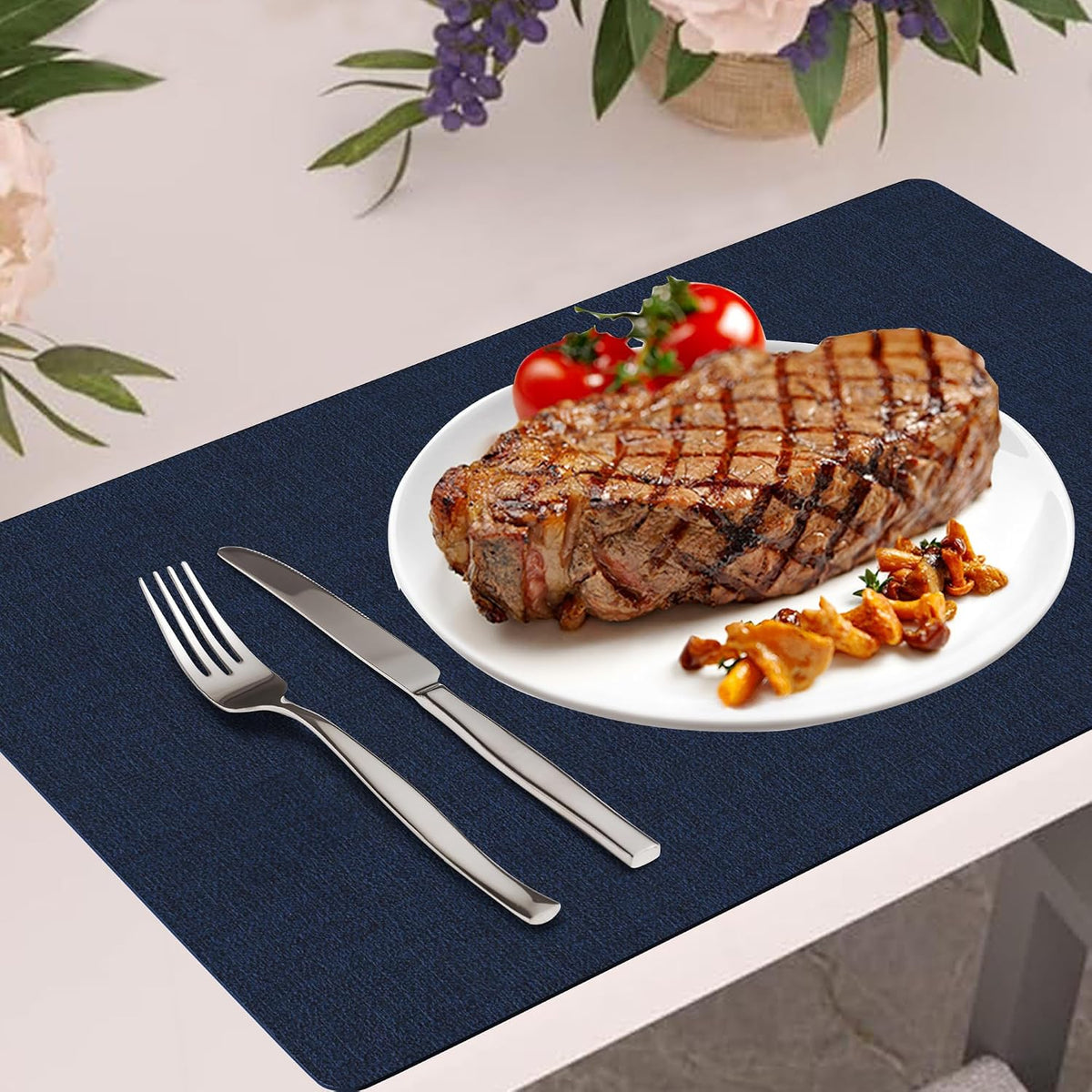 DOLOPL Placemats Set of 6, Reversible Faux Leather Place Mats, Navy Blue