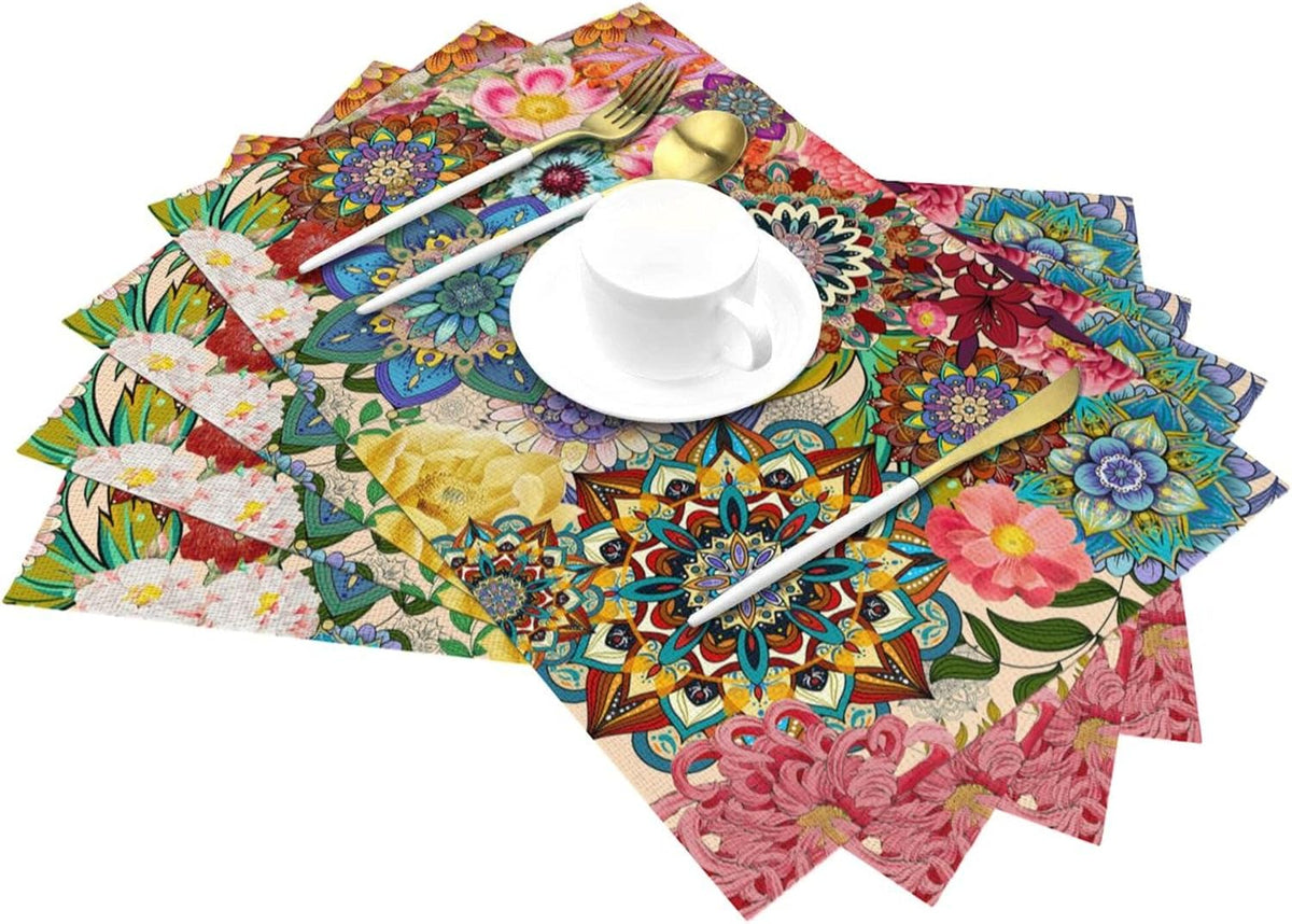 Boho Floral Placemats Set of 4, Colorful Dining Table Mats 12"x18"