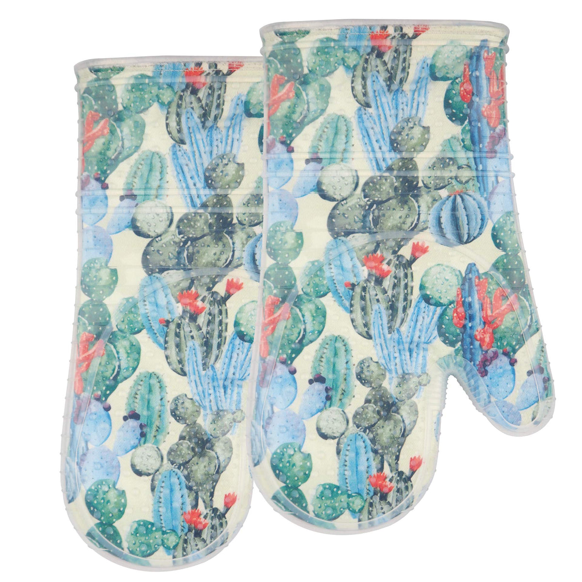 Oven Mitts with Transparent Clear Silicone Shell and Nice Cacturs Flower Printing