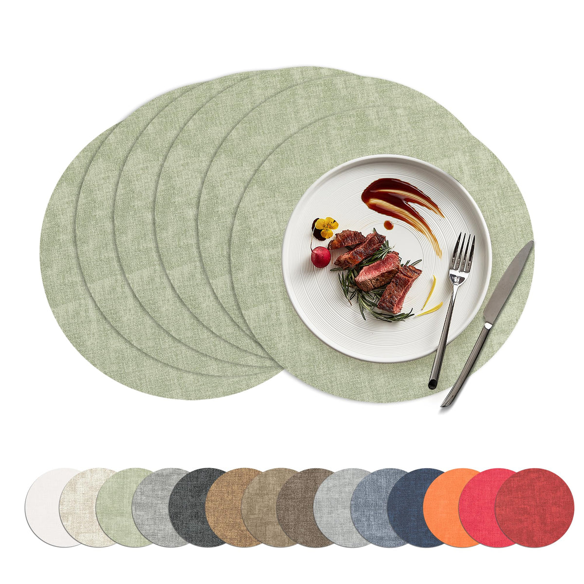 Placemats Set of 4, 15 Inch Round Faux Leather Place Mats