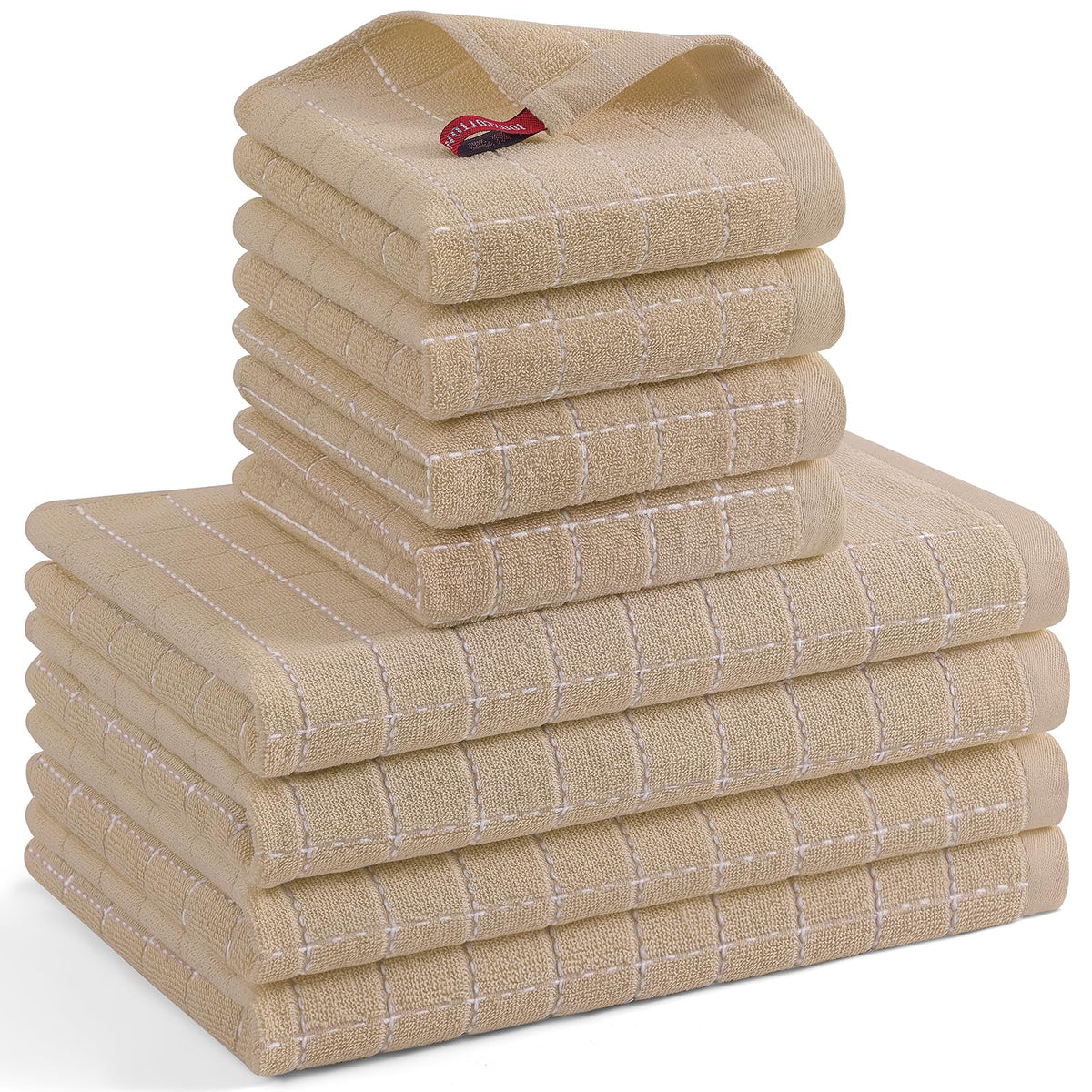 Mordimy Cotton Terry Checkered Kitchen Towels, 16"x 26", 4 Pack, Tan