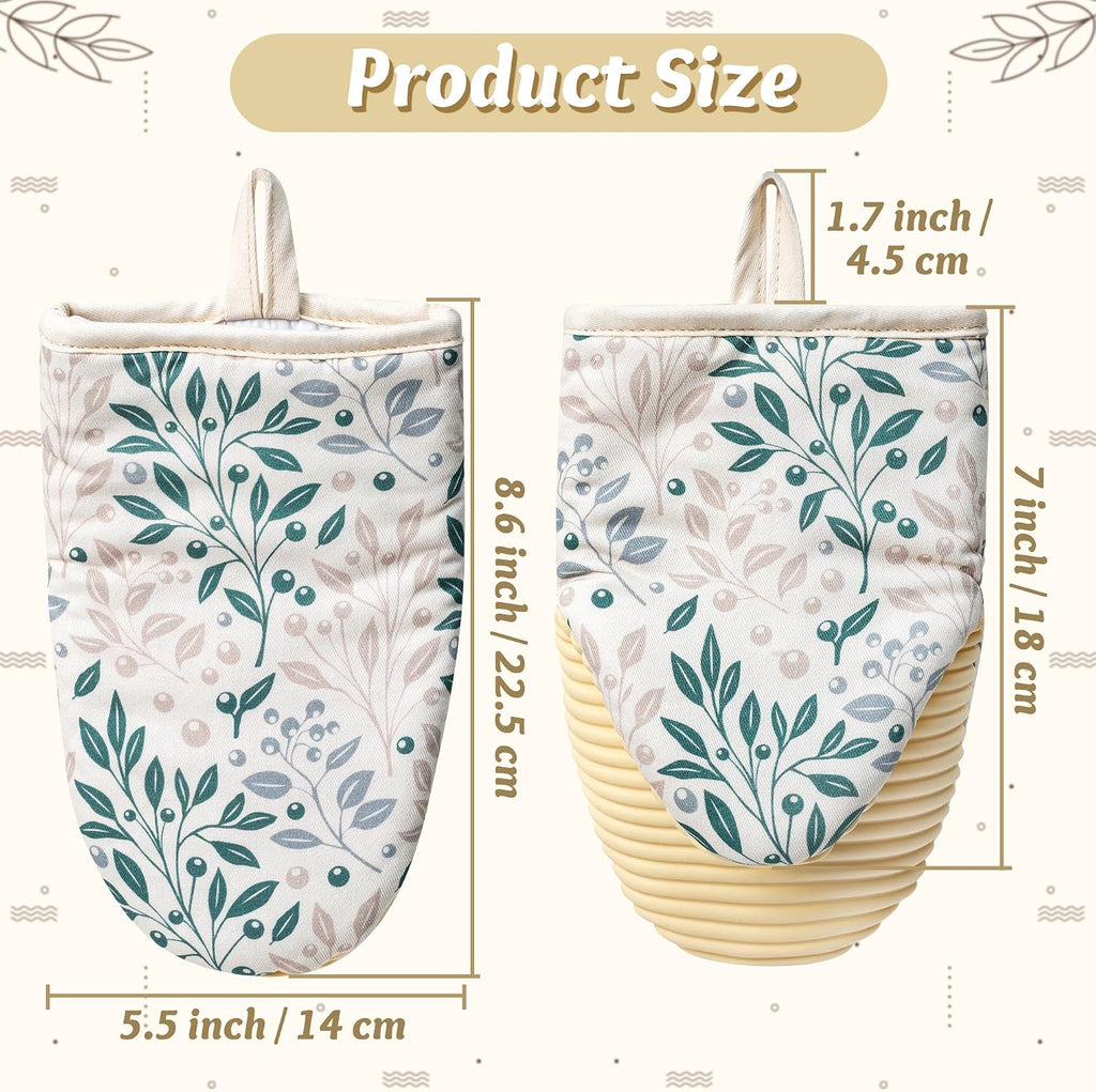 Mini Oven Mitts Set - 5.5” x 8.6” Small Heat Resistant Kitchen Mitt with Non-Slip Silicone Grips Palm, Soft Filling Washable Gloves with Hanging Loop for Home Cooking Baking Picnic (Leaf)