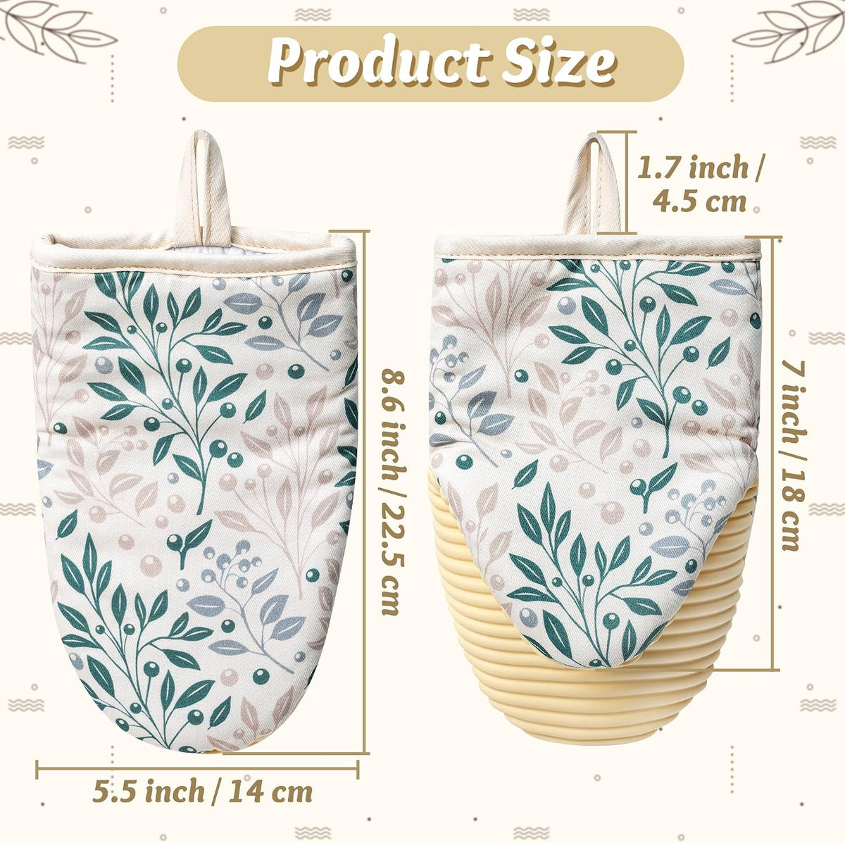 Mini Oven Mitts Set - 5.5” x 8.6” Small Heat Resistant Kitchen Mitt with Non-Slip Silicone Grips Palm, Soft Filling Washable Gloves with Hanging Loop for Home Cooking Baking Picnic (Leaf)