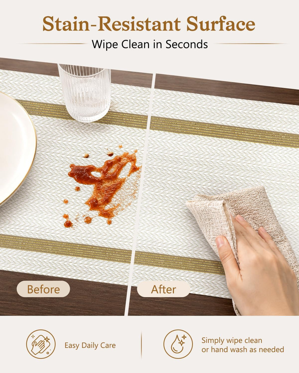 COOLMI Beige Placemats Set of 4, Washable Woven PVC Table Mats, Heat Resistant Non-Slip Place Mats for Dining Table, Flat Pack No Curled Edges, Indoor Outdoor, 17 x 12 Inch