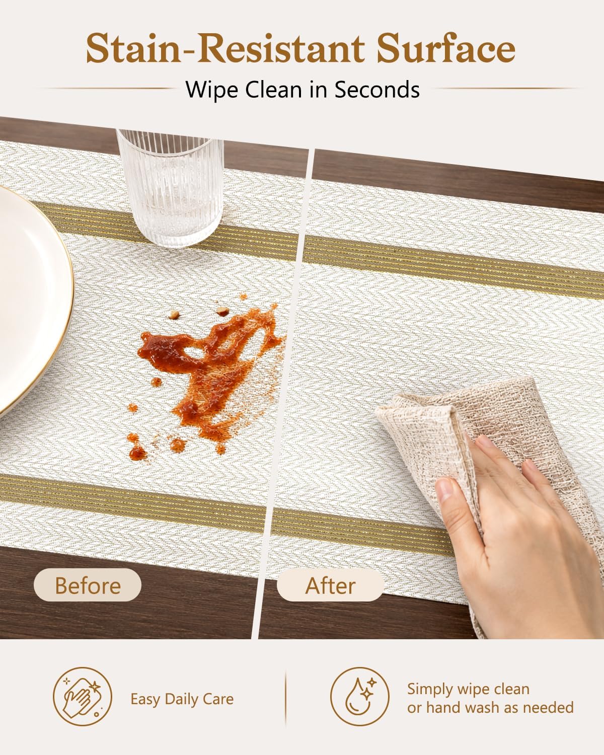 COOLMI Beige Placemats Set of 4, Washable Woven PVC Table Mats, Heat Resistant Non-Slip Place Mats for Dining Table, Flat Pack No Curled Edges, Indoor Outdoor, 17 x 12 Inch