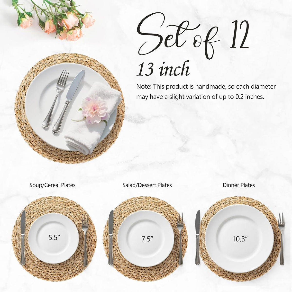 13" Round Placemats Set of 12, Rattan Place Mats for Dining Table Decor, Rustic Woven Wicker Chargers for Dinner Plates, Outdoor Patio, Farmhouse Wedding, Boho Water Hyacinth Braided Placemat