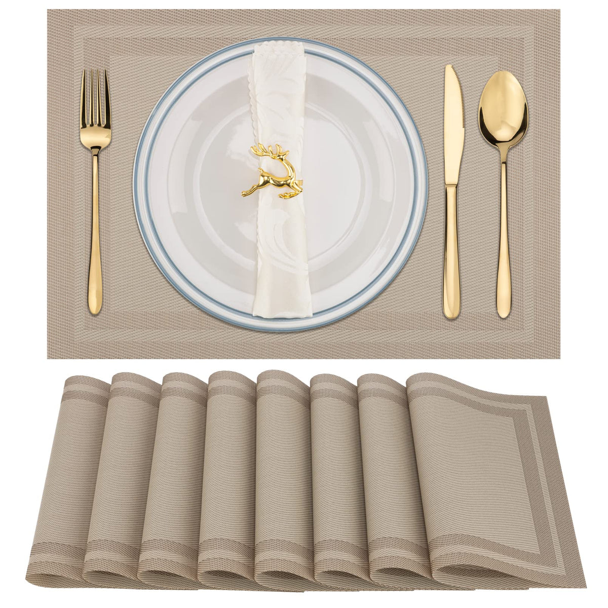 Winknowl Placemats Set of 4，Heat Resistant Woven Vinyl Washable PVC Place Mats，Non-Slip Stain Resistant Indoor/Outdoor Table Mats for Dining Table (Brown)