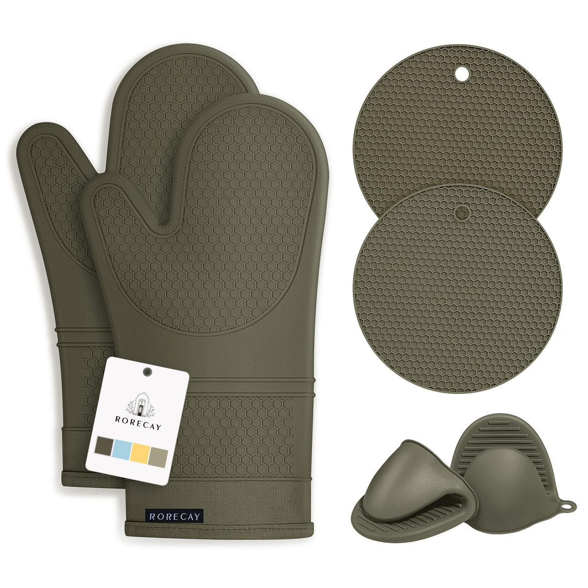 RORECAY Silicone Oven Mitts and Pot Holders Sets, Gloves for Kitchen, Beige