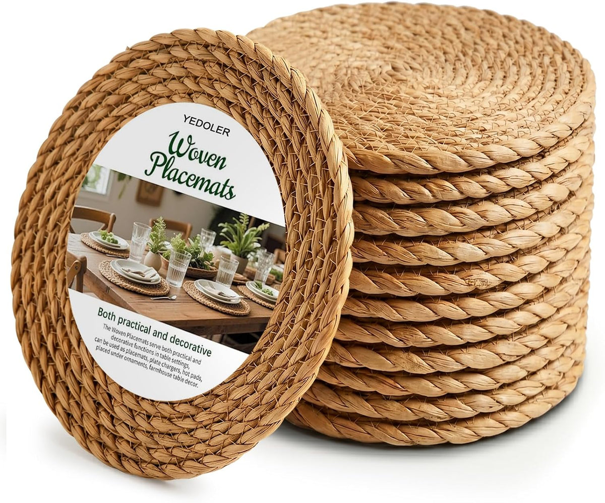 12 Pcs Round Woven Placemats - Yedoler 13 in Farmhouse Boho Straw Heat Resistant Outdoor Patio Rattan Wicker Table Mats, Natural Water Hyacinth Place Mats Coasters for Dining Table,Home,Wedding