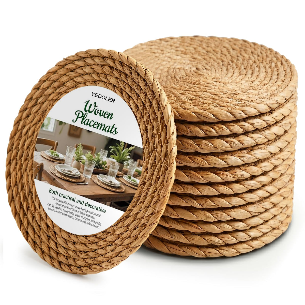 12 Pcs Round Woven Placemats - Yedoler 13 in Farmhouse Boho Straw Heat Resistant Outdoor Patio Rattan Wicker Table Mats, Natural Water Hyacinth Place Mats Coasters for Dining Table,Home,Wedding