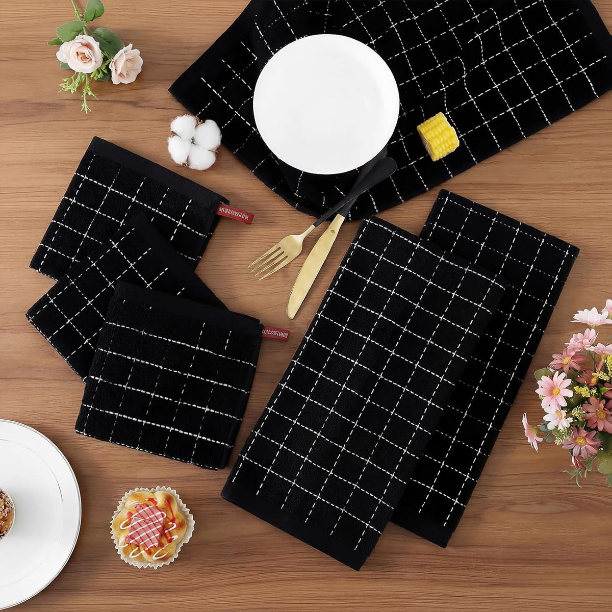 Homaxy Cotton Terry Kitchen Towels and Dishcloths Set of 8, Black